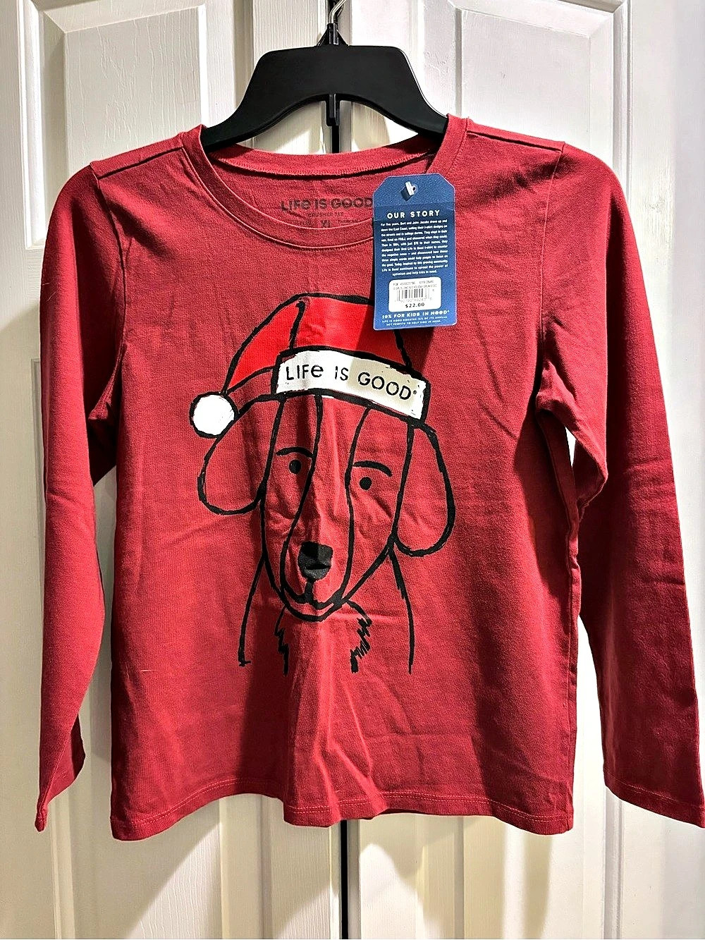 Life Is Good Christmas dog red graphic tee Boys XL long sleeve tee NWT